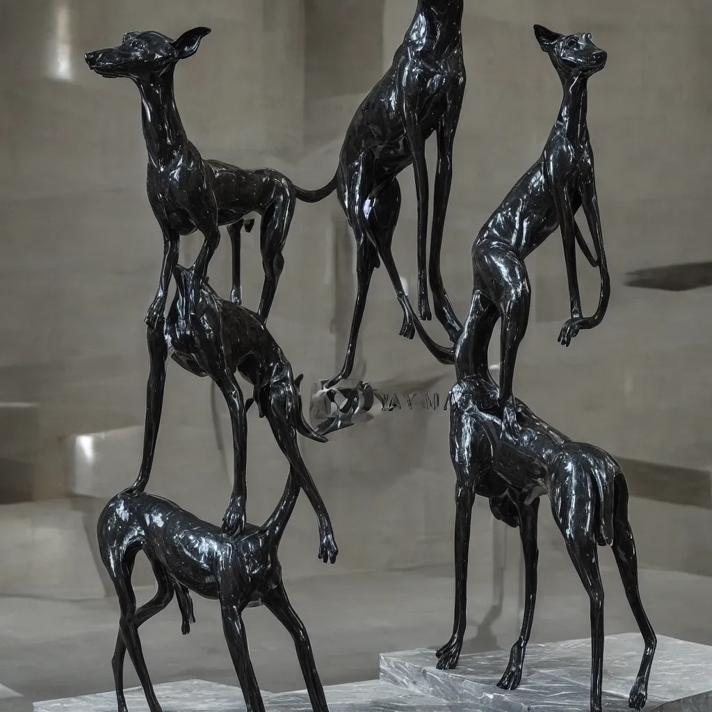 Prompt: close up of a whippet statue made of black marble, standing in large entrance hall of an art-deco skyscraper, top lighting