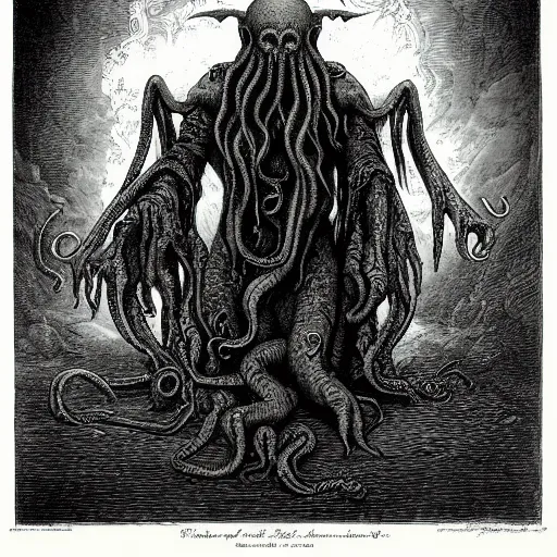 Image similar to a portrait of cthulhu, illustration by Gustave Doré