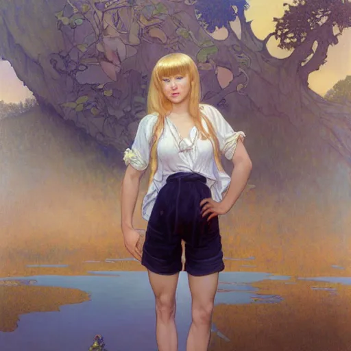 Image similar to A young woman with blonde long hair and bangs in shorts and white shirt drawn by Donato Giancola and Michael Parkes, frank frazetta, alphonse mucha, background by James Jean and gustav klimt, 4k, volumetric lighting, french nouveau, trending on artstation, octane render, hyperrealistic