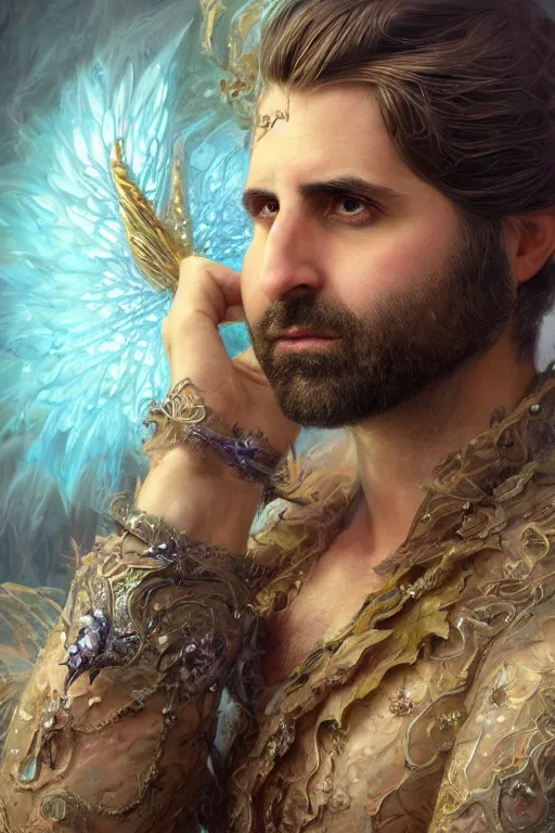 Prompt: closeup portrait shot of jason schwartzman as king oberon, fairy wings, lord of beasts, highly detailed, digital painting, artstation, concept art, soft focus, depth of field, artgerm, tomasz alen kopera, peter mohrbacher, donato giancola, wlop, boris vallejo