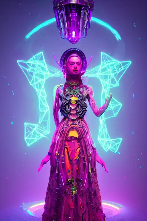 Image similar to void goddess wearing a dress made of neon, surreal, 4 k, unreal engine, octane render, simon stalenhag, d & d, fantasy, intricate, elegant, highly detailed, digital painting, artstation, concept art, matte, sharp focus, illustration, hearthstone, art by artgerm and greg rutkowski