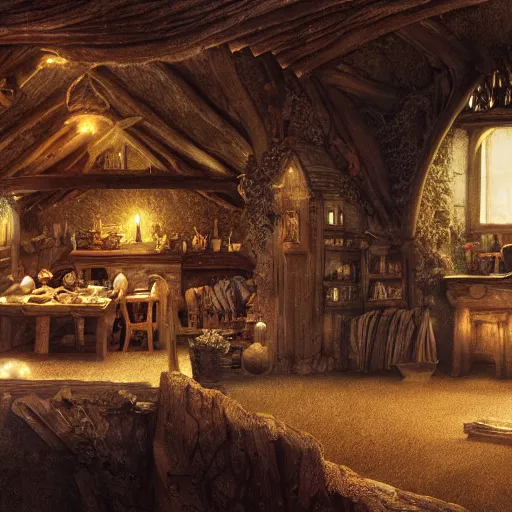 Image similar to Hobbiton house interior in the evening, detailed matte painting, cinematic, Alan Lee, Artstation