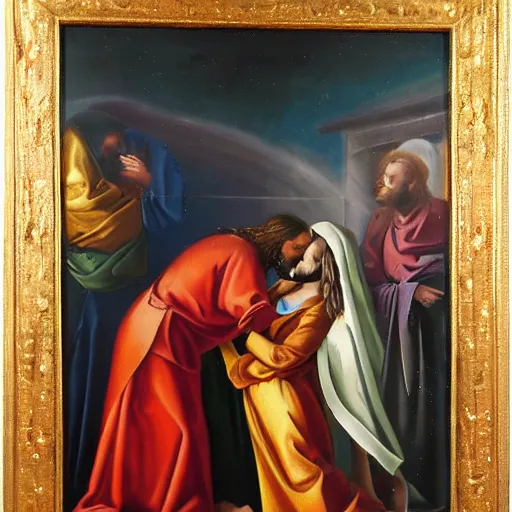 Image similar to 1 8 th oil panting of a jesus kissing a woman