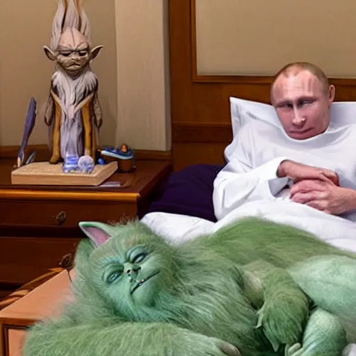 Prompt: putin sleeping in bed next to yoda