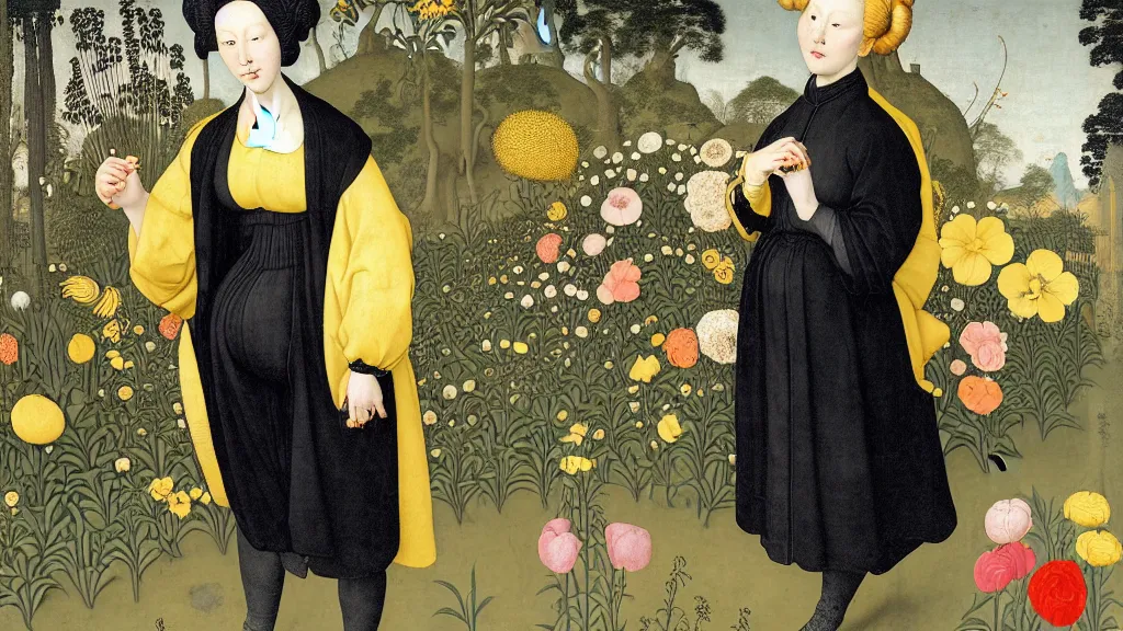 Image similar to portrait of a curvy woman with yellow hair buns, wearing a black raincoat and leggings, standing in a garden full of plants and flowers, intricate details, high detail, in the style of rogier van der weyden and jacopo da pontormo, punk, asian art,