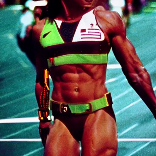 Image similar to Trinity the matrix, Female sprinter in athletic attire with cyborg legs, metal body, diesel punk, athletic footage, 1980's, olympics, cinematic, art deco