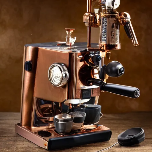Prompt: dslr photo of a steampunk robotic espresso machine with small gears and nailed copper plates, android coffee shop, very scientific, 4 k, photorealistic, cafe lighting, cinematic, highly detailed, by ridley scott,