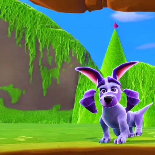 Prompt: screenshot of a cute humanoid dog as an npc in spyro the dragon video game, with playstation 1 graphics, activision blizzard, upscaled to high resolution