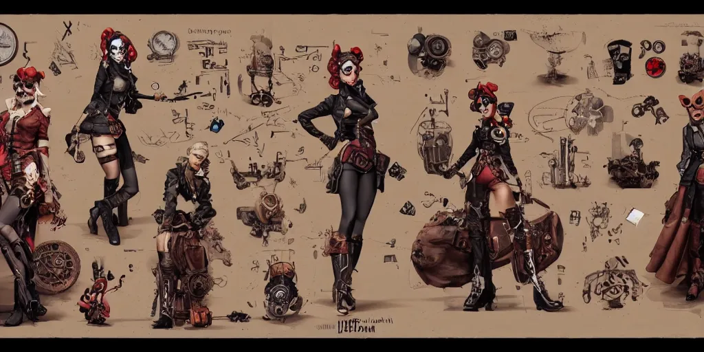 Image similar to steampunk harley quinn, character sheet, concept design, contrast, kim jung gi, greg rutkowski, zabrocki, karlkka, jayison devadas, trending on artstation, 8 k, ultra wide angle, pincushion lens effect