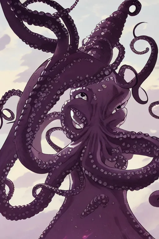 Prompt: key anime visuals of an octopus ninja, with a katana in his tentacle. the octopus is dressed as a ninja. highly detailed, intricate, directed by makoto shinkai, anime manga style, trending on art station.