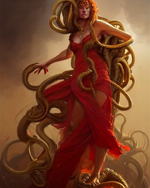 Image similar to fierce medusa in a red and golden dress, fantasy character portrait, ultra realistic, concept art, intricate details, highly detailed by greg rutkowski, gaston bussiere, craig mullins, simon bisley