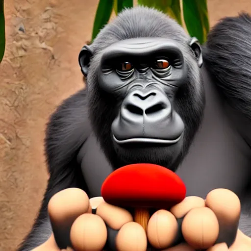 Image similar to a wholesome animation key shot of a gorilla holding a very small red mushroom, chilled out smirk on face, studio ghibli, pixar and disney animation, sharp, rendered in unreal engine 5, anime key art by greg rutkowski, bloom, dramatic lighting