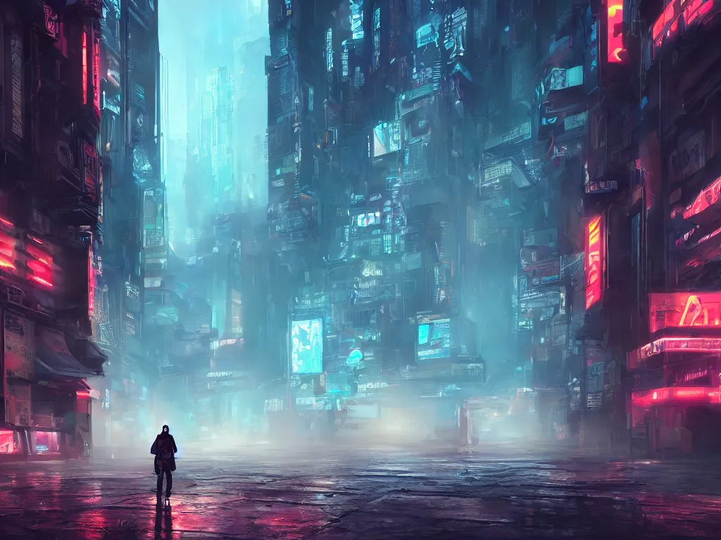 Image similar to a highly detailed digital painting of a nomad wandering a sci - fi cyberpunk city, neon lights, volumetric lighting, atmospheric fog, epic composition, artstation