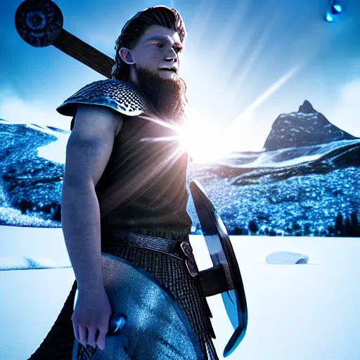 Image similar to photography of a digital art, stunning glare and bloom crystal clear ice statue of tom holland as a viking warrior god. stuning, intricate, complexe. snowy mountains dream landscape. professional digital art, unreal engine 5