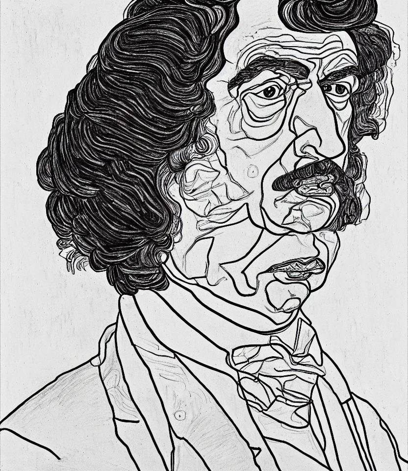 Image similar to detailed line art portrait of honore de balzac, inspired by egon schiele. caricatural, minimalist, bold contour lines, musicality, soft twirls curls and curves, confident personality, raw emotion