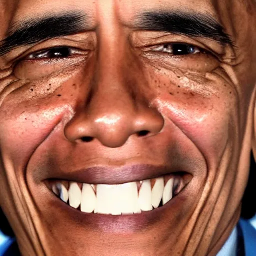 Prompt: scary photograph of barack obama with horrible teeth, close - up photograph taken on an iphone 4, flash lighting, 4 k
