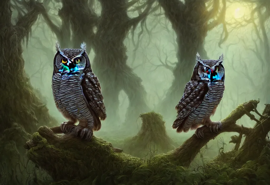 Prompt: mystic owl in haunted swamp, highly detailed, d & d, fantasy, highly detailed, digital painting, trending on artstation, concept art, sharp focus, illustration, global illumination, ray tracing, realistic shaded, art by artgerm and greg rutkowski and fuji choko and viktoria gavrilenko and hoang lap