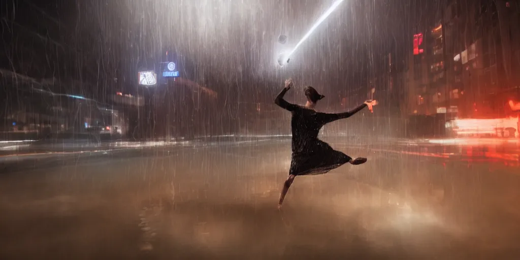 Image similar to slow motion with trail effect of futuristic break dancer wearing floating long dress, long exposure shot , at night in the middle of a rainy blade runner street, paddle of water, steam, fog, water splashes, rim lights, glossy reflections, water droplets on lens, octane render, dark and dramatic, explosion in the background, detailed and soft, fisheye