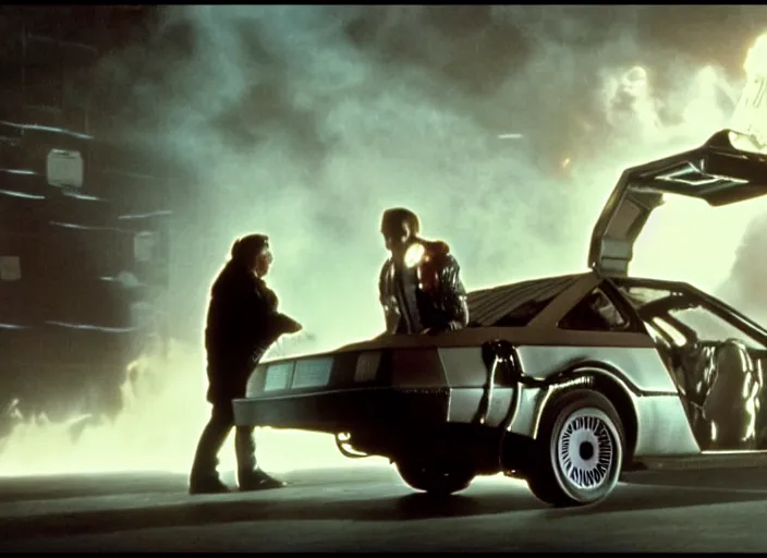 Image similar to screenshot from the iconic scene from the lost Back to the Future film directed by Martin Scorsese, cinematic lighting, unsettling set design with extreme detail, moody cinematography, with anamorphic lenses, crisp, detailed, 4k image, starring Marty Mcfly