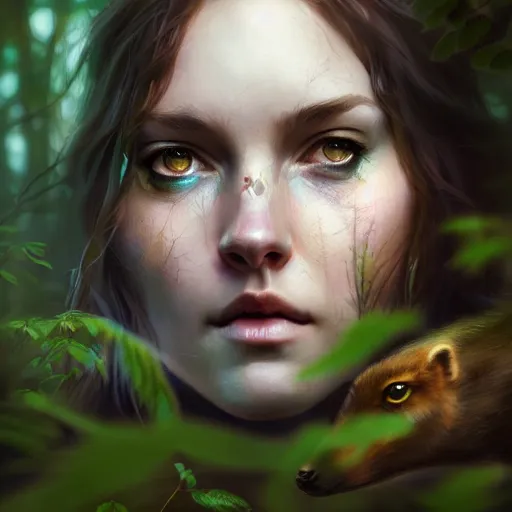 Image similar to a pretty female druid surrounded by forest animals, in the woods, hyper realistic, digital painting, photorealistic, in the style of greg rutkowski, detailed face