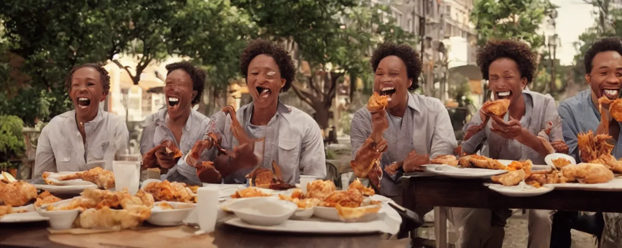 Image similar to a cinematic shot in daylight exterior wide shot of a couple of friends happy and smiling while eating church's chicken in dynamic poses, commercial ad, directed by autumn durald, complementary color scheme clothe, roger deakins lighting, shot in imax 7 0 mm, three point perspective 4 0 mm anamorphic lens