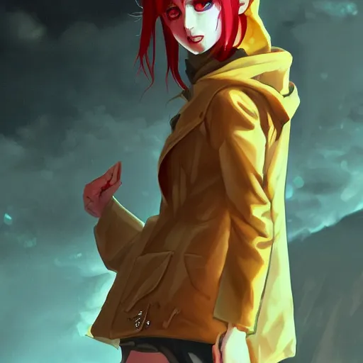 Image similar to a pale redheaded demoness with yellow eyes and horns wearing a jacket, dark spot around eye, highly detailed, digital painting, artstation, matte, by makoto shinkai, animation style
