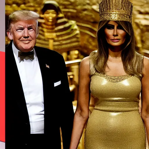 Prompt: donald and melania trump as egyptian pharaoh and queen, elegant, majestic, powerful, pyramids, anunaki, hieroglyphs, lush, rainforest, river, green, river god, wilbur smith, gold, trump tower