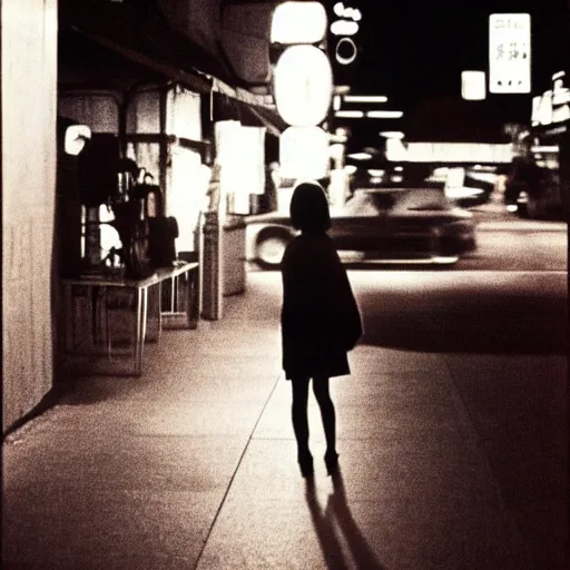 Prompt: a Japanese woman with bangs on a street at night, 1966, 35mm photography, red neon lights