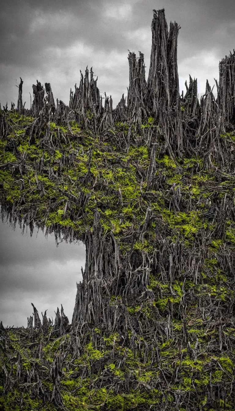 Image similar to a dark sky pierced by gnarly dark towers covered in teeth and moss