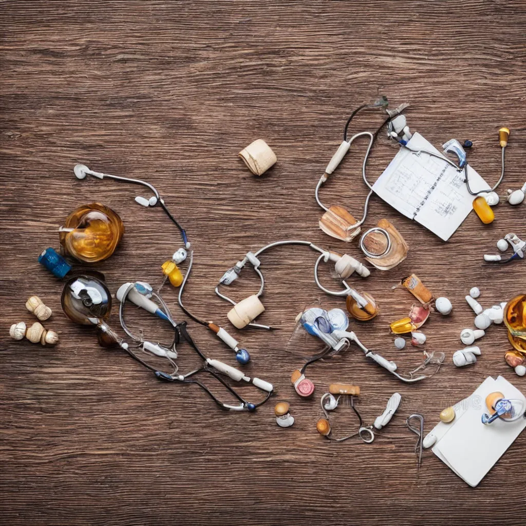 Image similar to 30-degree view of medicine on top of a wooden table, 8k, high detail, photorealistic, proper shading, stock photo