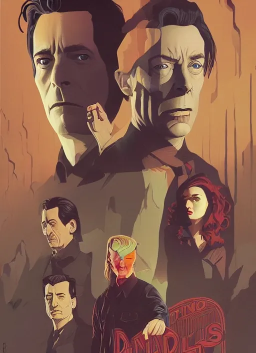 Prompt: Twin Peaks movie poster artwork by Tomer Hanuka and Michael Whelan, Rendering David Bowie epic face off with Jon Hamm full of details, by Makoto Shinkai and thomas kinkade, Matte painting, trending on artstation and unreal engine