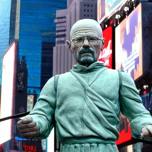 Image similar to extreme long - shot photograph of a renaissance clay sculpture of walter white wearing a phrygian cap in times square, made by michelangelo, very detailed, sharp focus, 8 k resolution, ray tracing