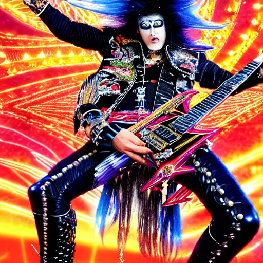 Prompt: uhd photorealistic detailed image of max voltage, the rock and roll emperor, dressed as a hair metal emperor, powering up, wearing extremely intricate rock and roll emperor costume and emperor makeup, with an emperor's electric guitar, by ayami kojima, amano, and karol bak