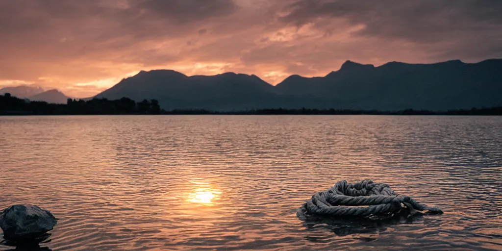 Image similar to a bundle of rope floating in the water in the middle of a lake, a rocky shore in the foreground, mountains in th ebackground, sunset, a bundle of rope is in the center of the lake, eerie vibe, leica, 2 4 mm lens, 3 5 mm kodak film, directed by charlie kaufman, f / 2 2, anamorphic