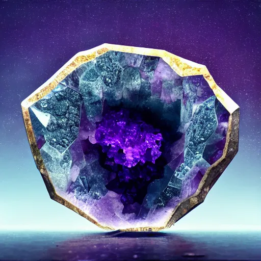 Prompt: amethyst geode inside of big crystal in the black void, realistic artstyle, wide shot, dramatic lighting, octane render, hyperrealistic, high quality, highly detailed, HD, beautiful, cinematic, 8k, unreal engine, facial accuracy, symmetrical