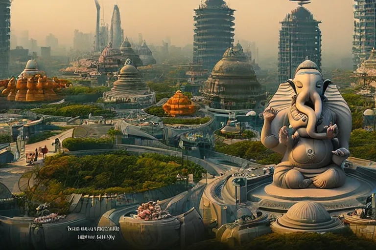 Image similar to beautiful futuristic new delhi, sci - fi ganesha!! building, kalighat flowers, octane highly detailed cinematic, stephen shore & john j. park, soft morning light, wide shot, aerial shot, uhd 8 k, shallow depth of field