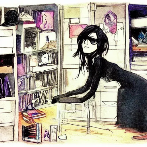 Prompt: lonely goth nerd sitting in cluttered room alone, by glen keane, aesthetic!!!, detailed, realistic, hyper realism, small details, goth aesthetic,