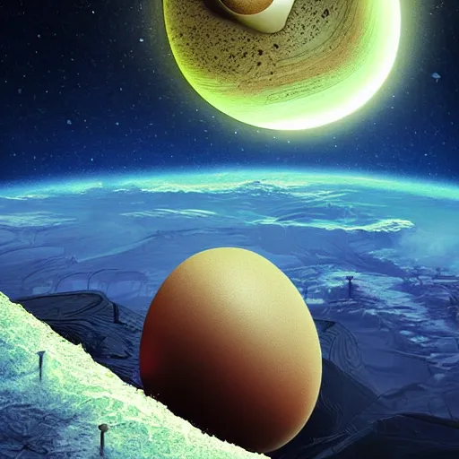 Image similar to the planet earth is the yolk of a galactic egg. the egg is cracked open and earth falls out. digital art, dramatic lighting, comedy, science fiction, concept art, epic fantasy, surreal.