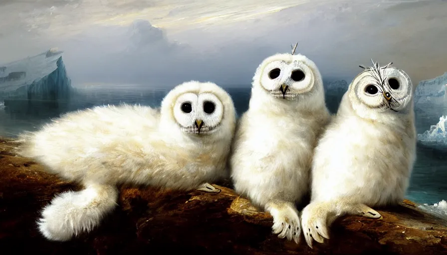 Image similar to highly detailed painting of cute furry white baby seal owls with big furry antlers cuddling into each other on a blue and white iceberg by william turner, by greg rutkowski, by william constable, thick brush strokes and visible paint layers, 4 k resolution