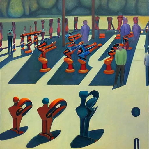 Image similar to robots queue up for water slide, grant wood, pj crook, edward hopper, oil on canvas