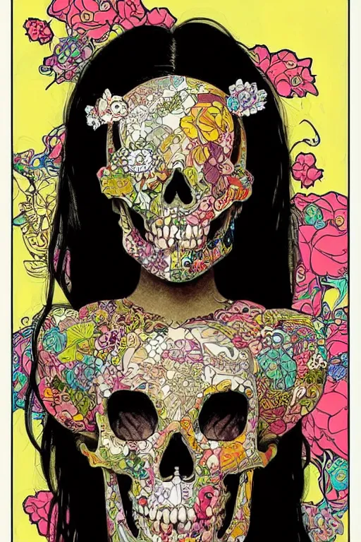 Image similar to skull portrait half girl half skeleton illustration detailed patterns art of thai traditional dress, pop art, splash painting, art by geof darrow, ashley wood, alphonse mucha, makoto shinkai