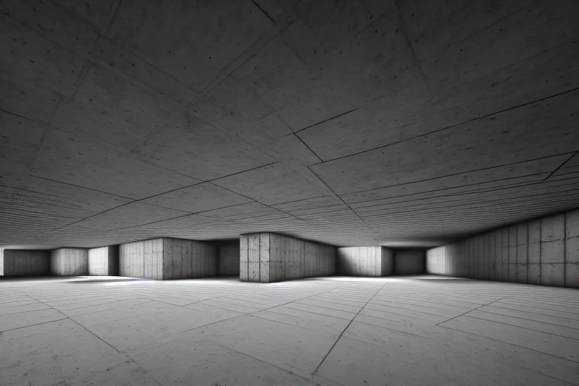 Image similar to Concrete huge square dark-gray multi-layered underground structure with multiple floors and a cleft in the center. Inside view, straight lines, corners, high detailed, details, ultra realistic, photorealism, 8k, doorways, symmetrical, brutalism, ray of light, architecture, volumetric lighting, cinematic, shadows