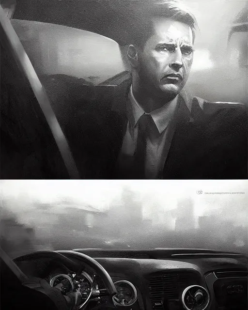 Image similar to Hyper realistic oil painting of a noir detective in his car, hyper detailed, gloomy, moody lighting, by greg rutkowski, trending on artstation