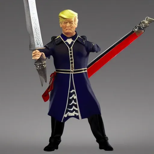 Image similar to Donald Trump holding a fancy broadsword, photorealistic