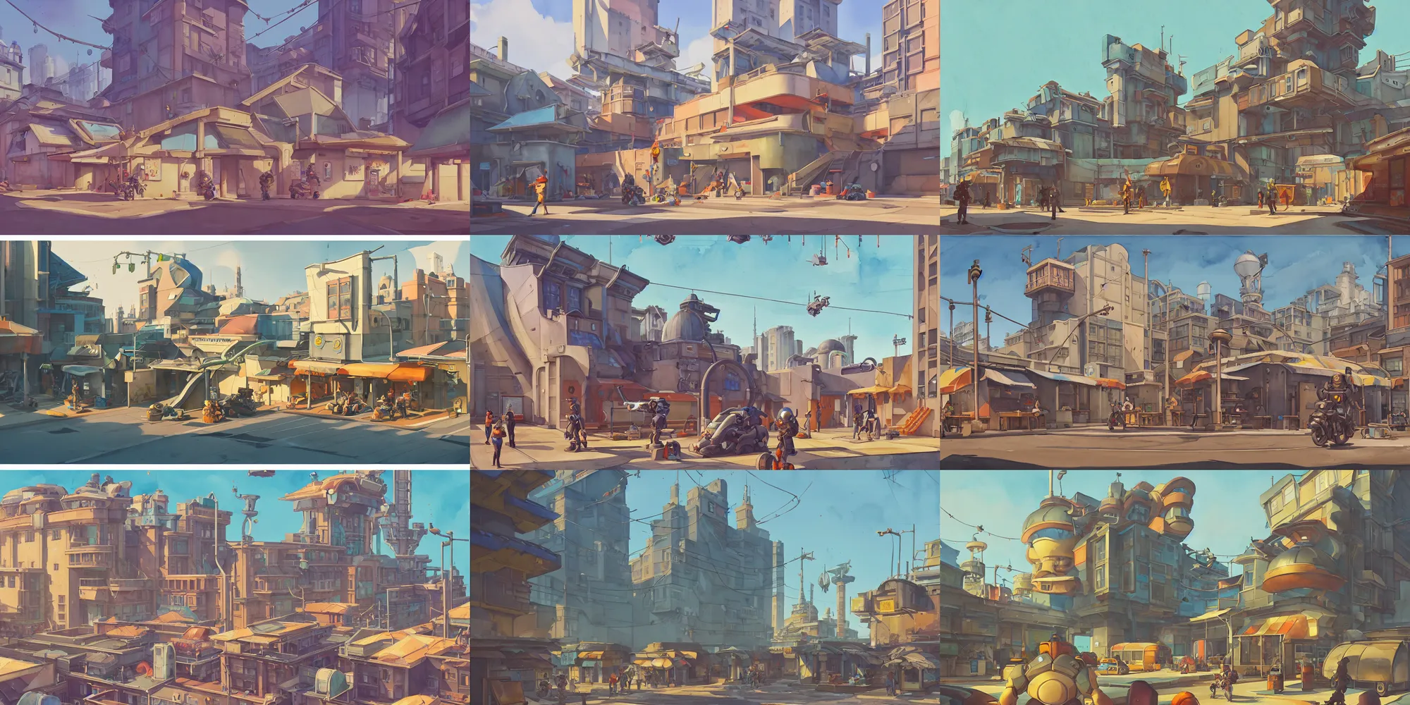 Prompt: overwatch building, stylized, exterior, architecture, in watercolor gouache detailed paintings, insanely detail, artstation, 8 k, futuristic, big medium small, arcane, simon stalenhag, food stall, interesting shapes & form, golden ratio, wes anderson, moebius, slums