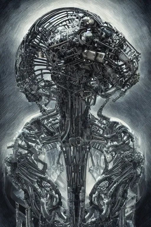 Image similar to H R Giger llama head landscape emanating centered bio mechanical cyborg llama head emerging, Giger background, evangelion beast mode, dramatic dynamic lighting, intricate, very very elegant, hyper detailed fractal interconnected tubes background by giger, digital painting, artstation, megastructure, very hyperrealistic, very very very HR GIGER, very beautiful, concept art, smooth, sharp focus, illustration daily deviation