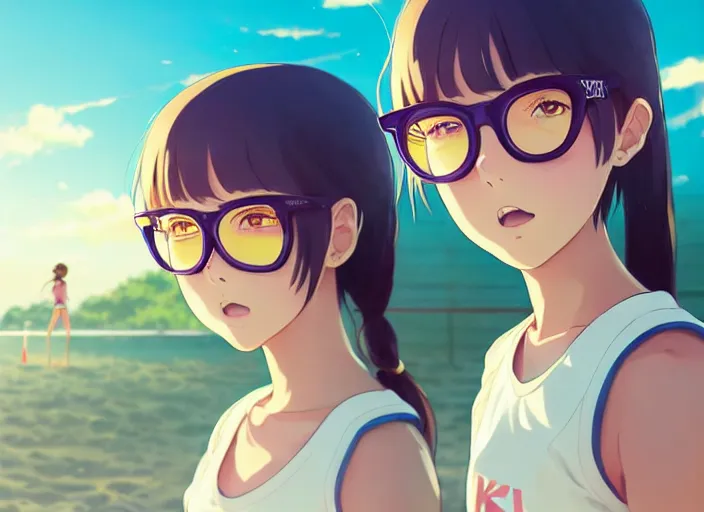 Prompt: portrait of cute high school girl playing beach volley, sunny sky background stadium landscape illustration concept art anime key visual trending pixiv fanbox by wlop and greg rutkowski and makoto shinkai and studio ghibli and kyoto animation symmetrical facial features sports clothing futuristic yellow glasses nike shirt white volley net short hair