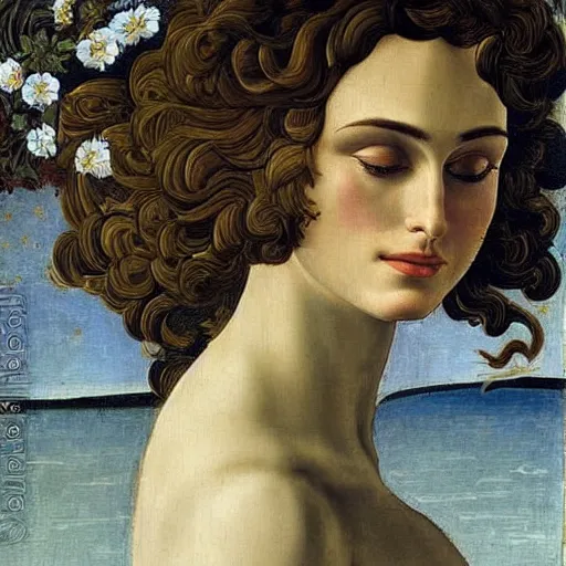 Prompt: Portrait of Keira Knightley as Venus in the painting The Birth of Venus, by Sandro Botticelli, Tempera on canvas, Clamshell