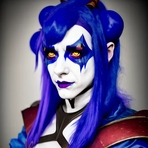 Prompt: d & d concept art matte jester from criticalrole as cosplayed by ginny di, realistic, sharp focus, 8 k high definition, insanely detailed, intricate, mysterious,