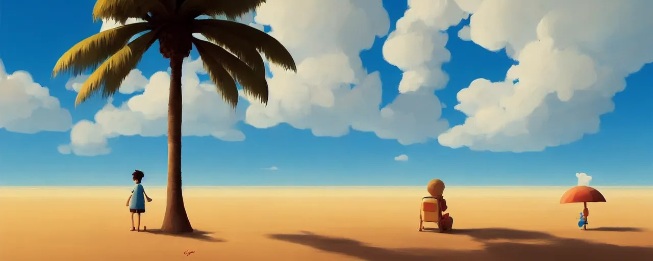 Image similar to painting by goro fujita!! illustration of a beach horizon with clouds and one palm tree in the style of goro fujita, sharp focus, highly detailed, artstation